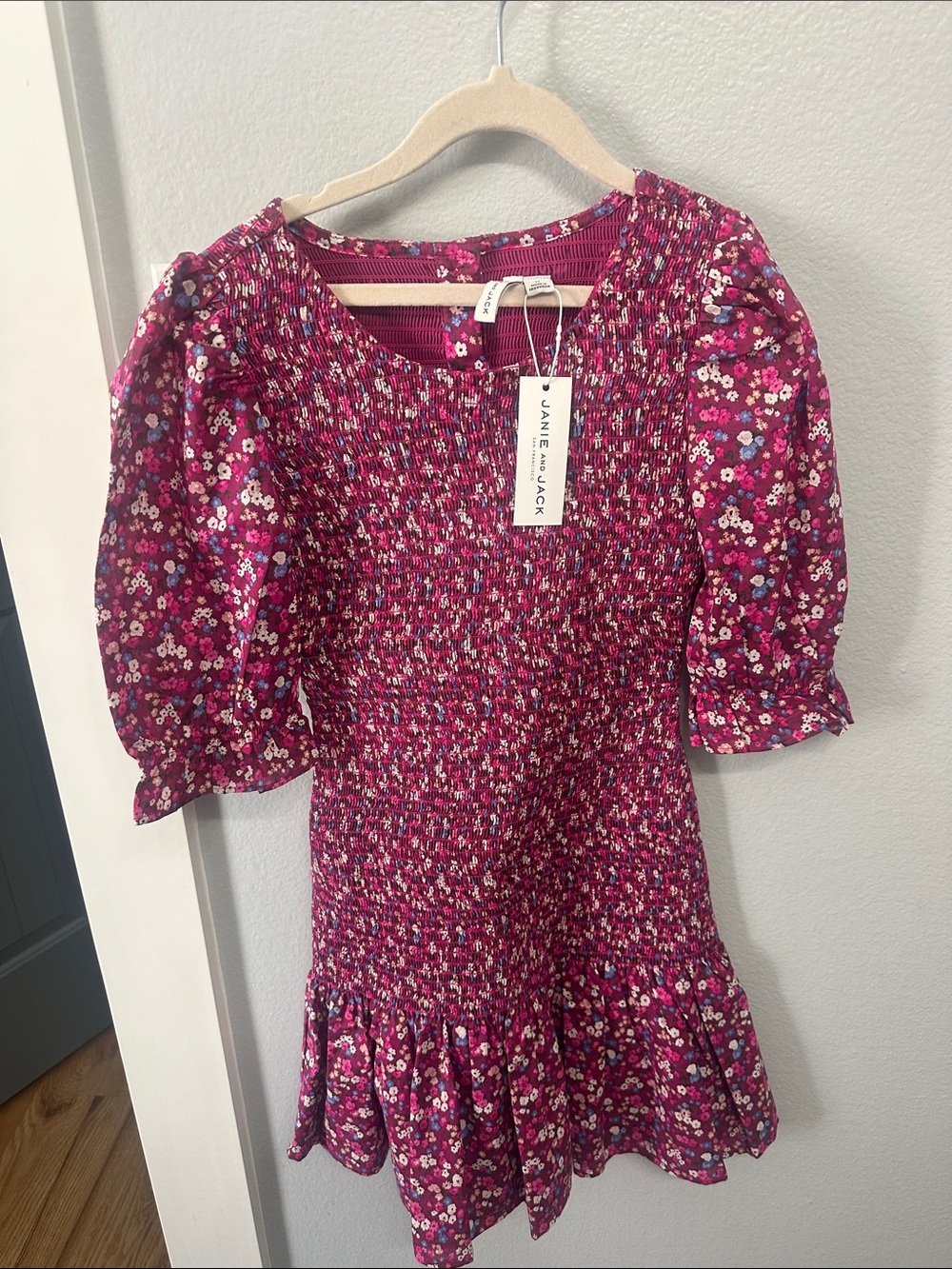 Janie and Jack Fuchsia Floral Smocked Puff-Sleeve Dress